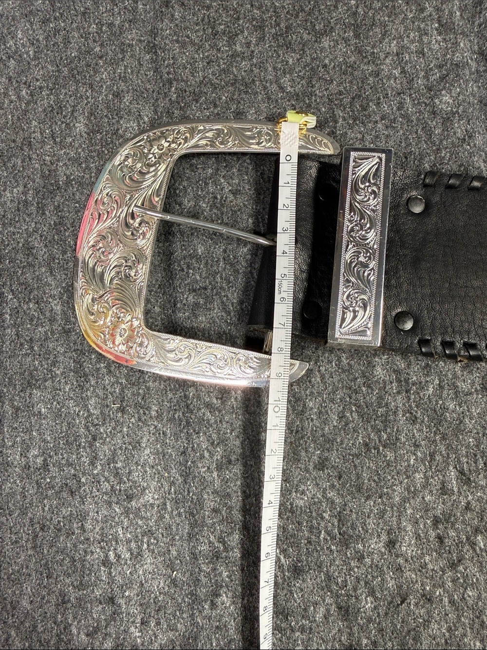 “VINTAGE”. Big AL Vintage Western Black Leather Belt with Silver Engraved Buckle - Picture 14 of 16